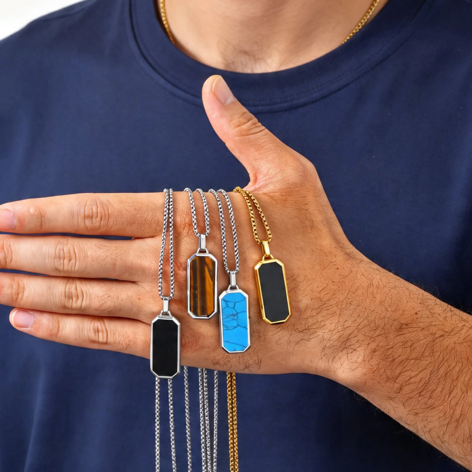 Small Dogtag Necklce for Men,Natural Stone Stainless Steel Geometric Pendant,Casual Minimalist Jewelry Gift