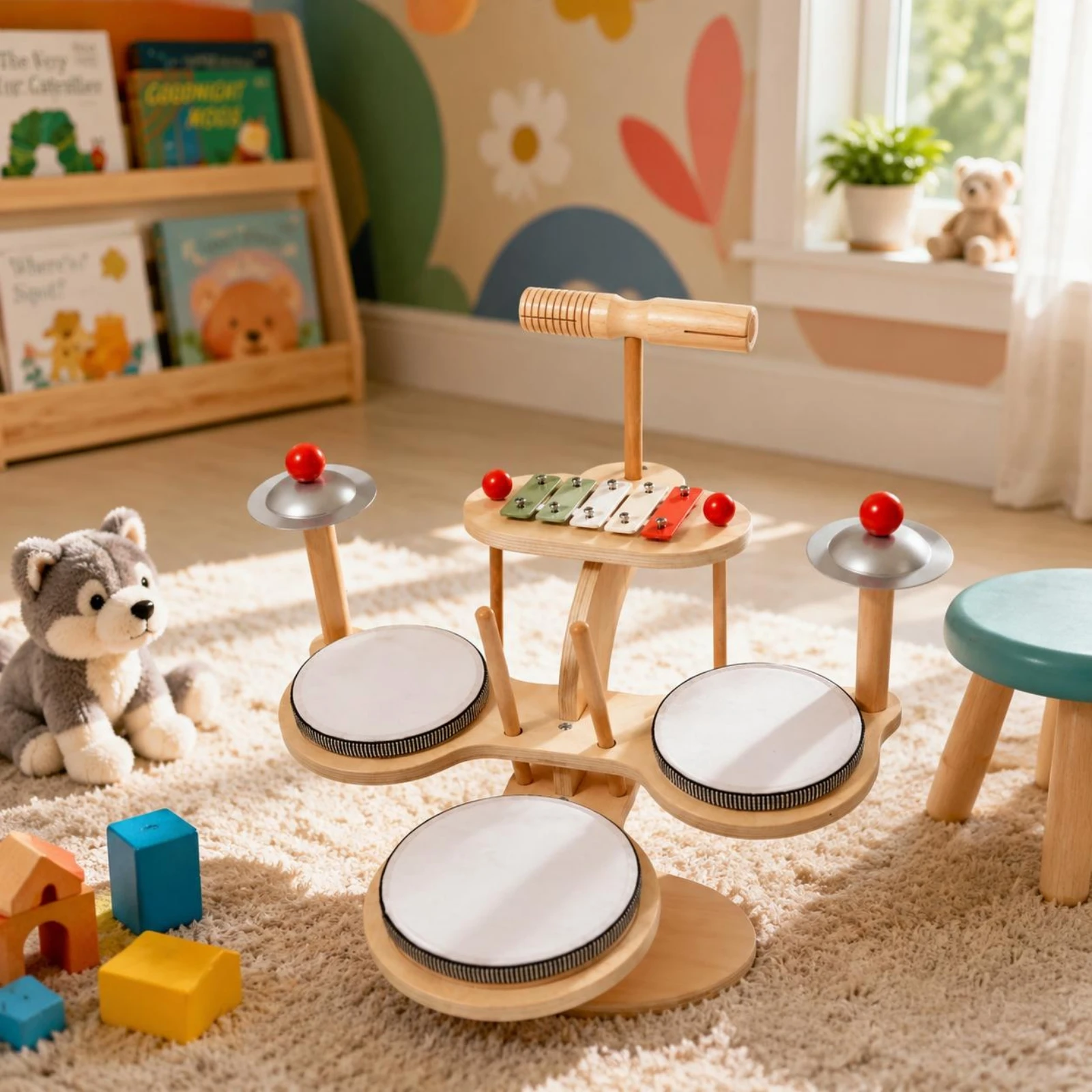 Wooden Drum Xylophone Set Hand-Eye Coordination Wooden Drum Set Kids Percussion Station Fine Movement Skills for Home, Preschool
