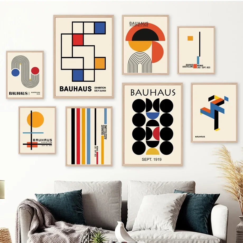 Geometric Canvas Paintings for Living Room Decor, Abstract Bauhaus Exhibition Posters, Wall Art Prints, Mid Century Modern Pictu