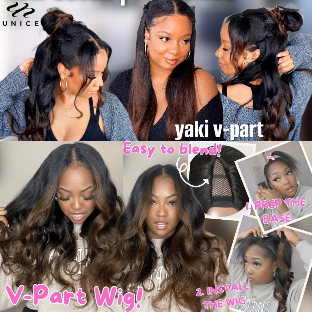 UNice Ombre Body Wave V Part Wig 100% Human Hair V Shape Upgrade U Part Wig No Sew In Clip In Half Wig Easy Blend Mini Leave Out image 6