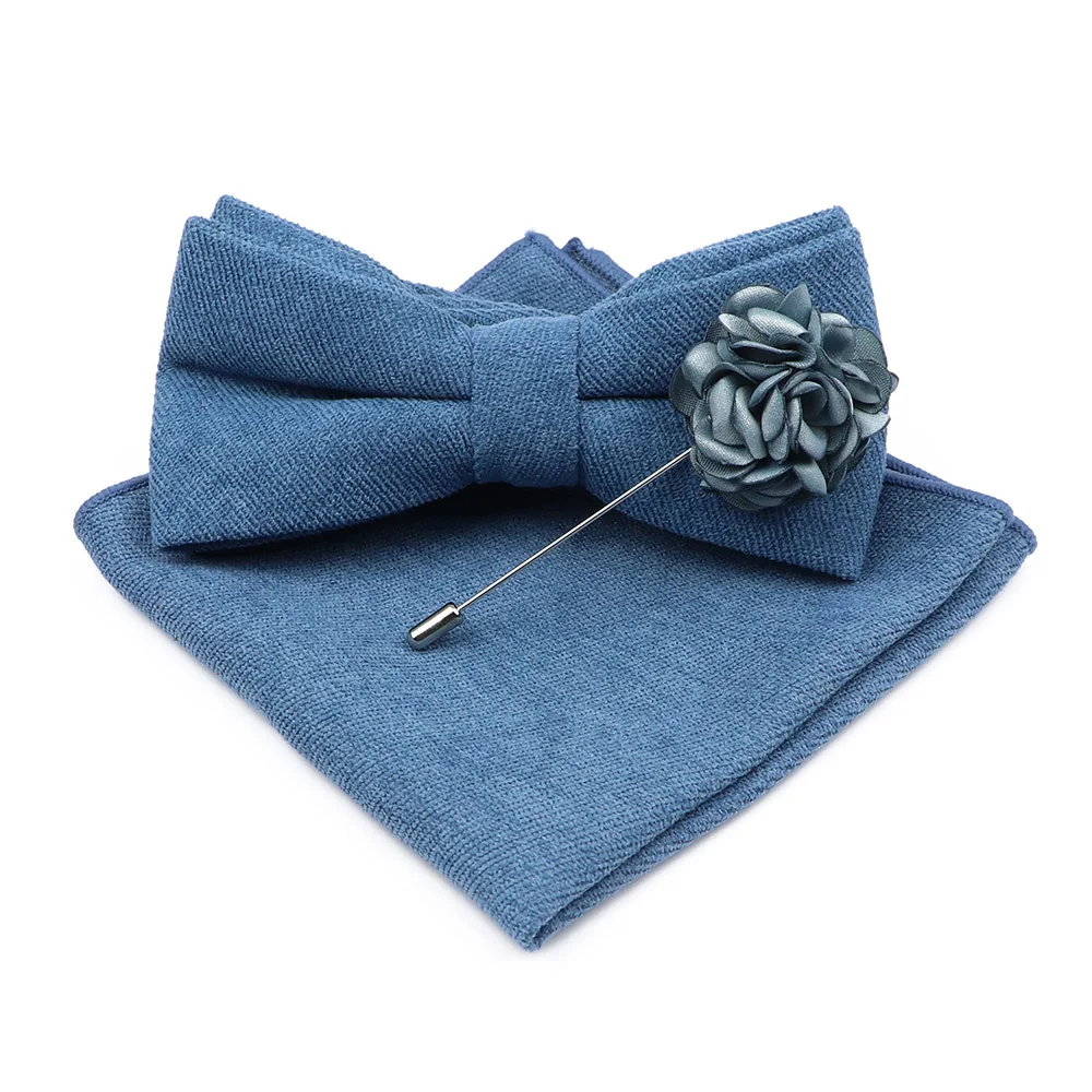 Mens Solid Color Cotton Bowtie Pocket Square Brooch Sets Pink Blue Super Soft Suede Bow Tie Handkerchief For Wedding Party Gift