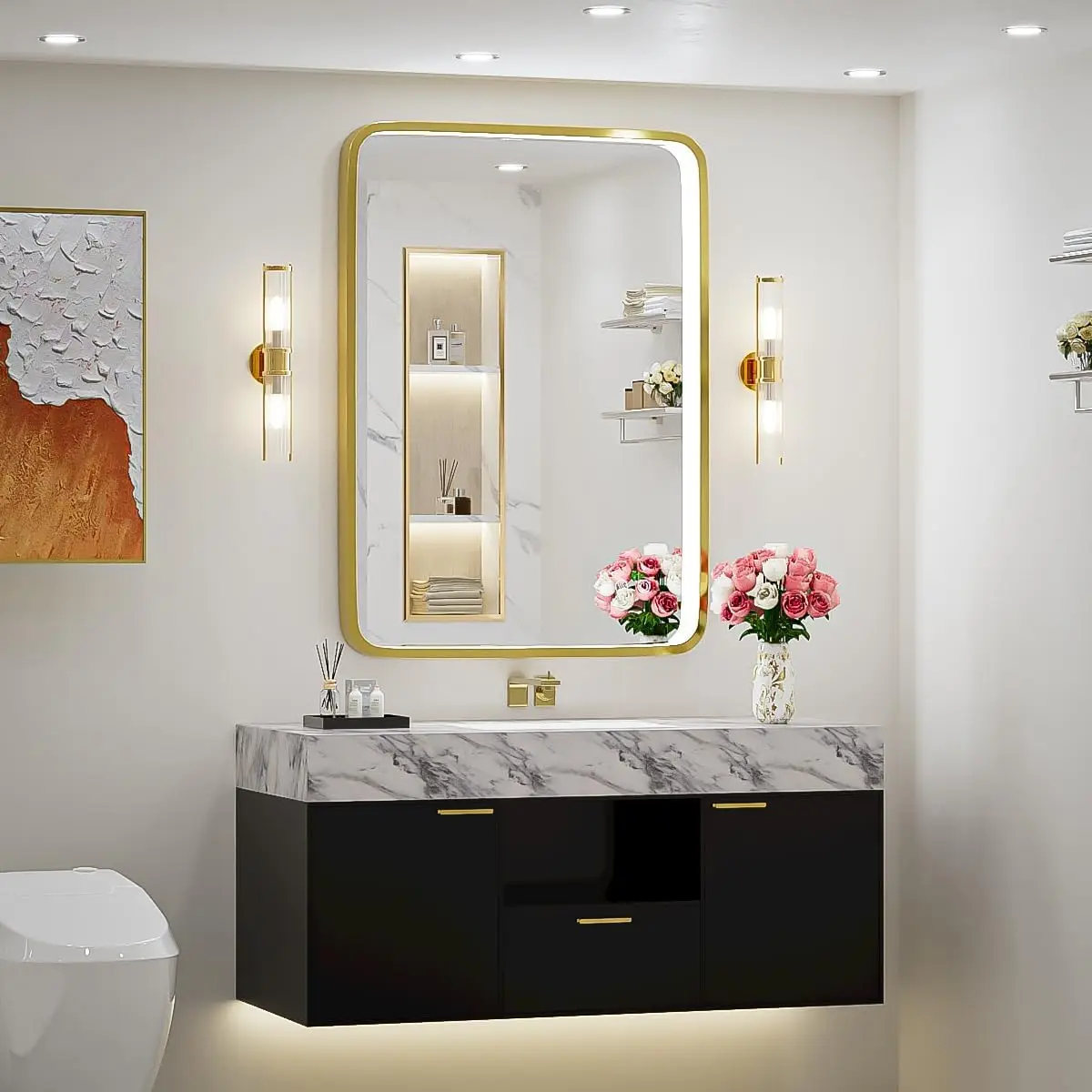 24x36 Inch LED Bathroom Vanity Mirror with lights,Wall Mounted Lighted Mirrors with Non-Rusting Gold Metal Frame