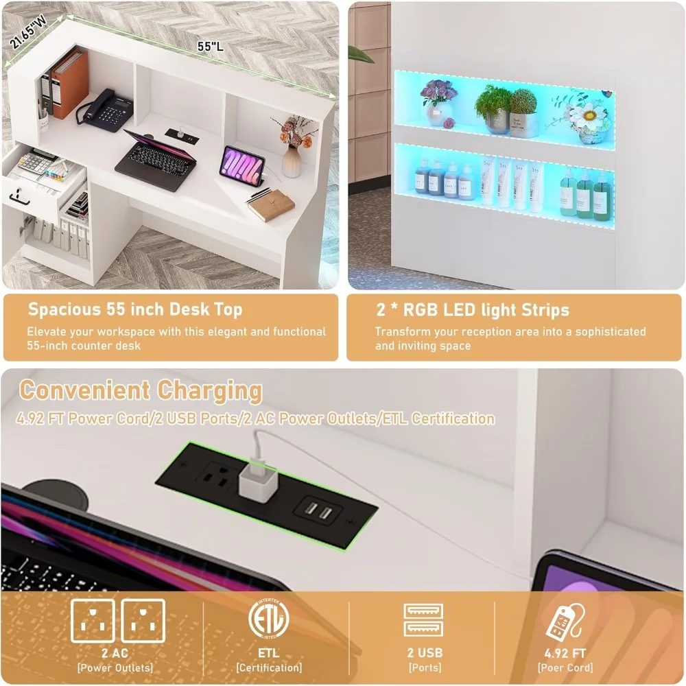 مكتب استقبال مع منافذ طاقة أضواء LED، طاولة غرفة استقبال حديثة على شكل حرف L مع حلقة كابل، سحب قابل للقفل #4