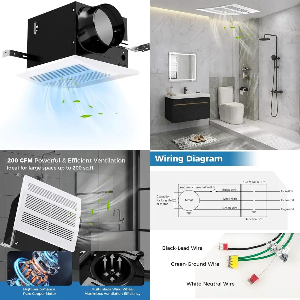 

6 Duct, 200 CFM Ceiling Mounted Bathroom Vent Fan with Metal Housing, 2 Sones, Quiet, White