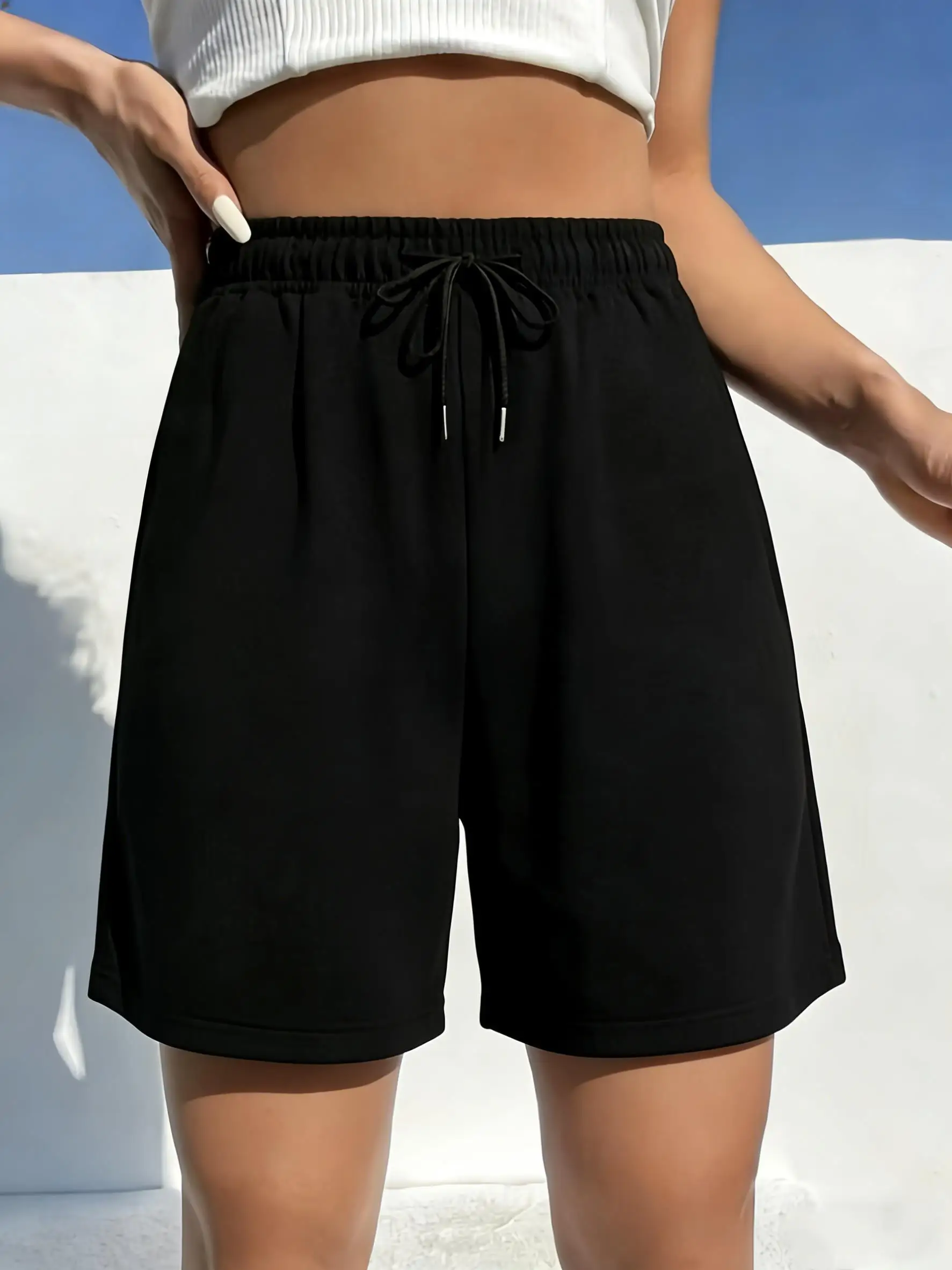 

Летние однотонные женские спортивные брюки с широкими штанинами, эластичные, для бега, с карманами, удобные, свободные, короткие штаны