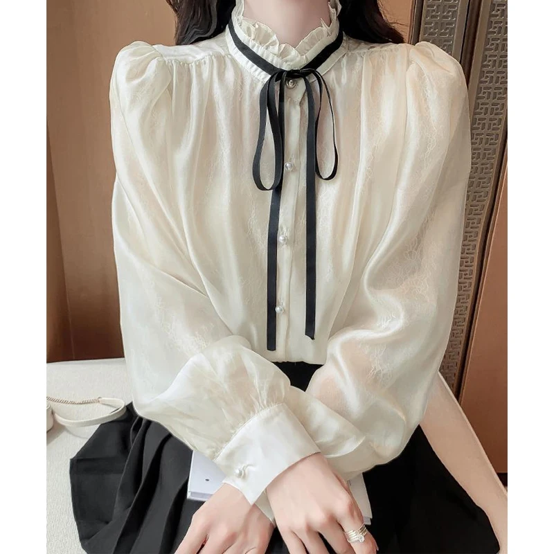 Bow Lacing Chiffon Blouse Spring Autumn New Long Sleeve Solid Color Thin Elegant Shirt Tops Temperament Korean Women Clothing