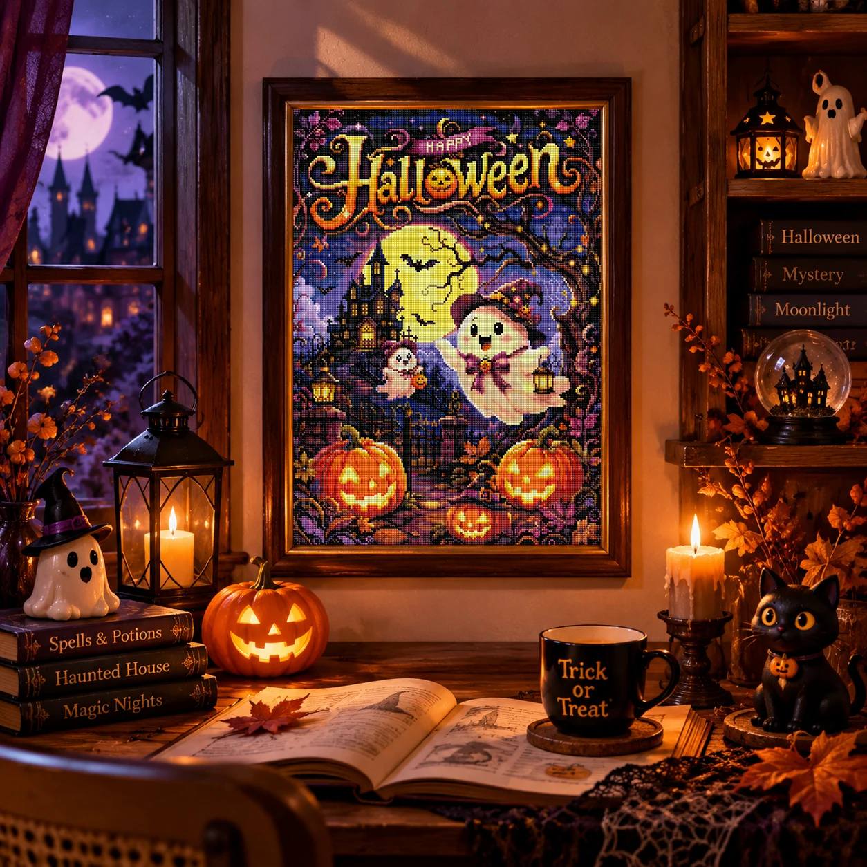 FOREVERYOUNG 5D Diamond Painting Kit Happy Halloween Cute Ghost Haunted House 45×60cm Square AB Fairy Dust Drill Wall Art.