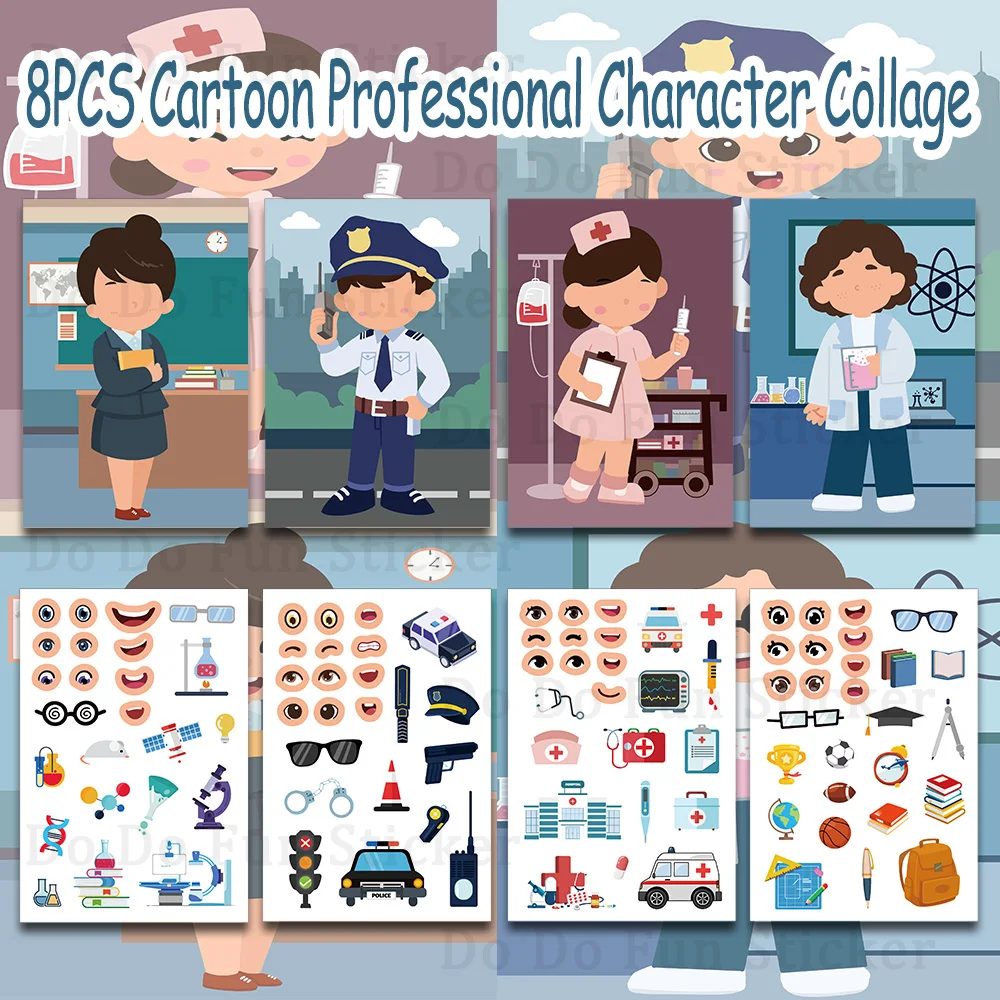 8PCS Cartoon Doctor Nurse Police Scientist Professional Character Facial Features Sticker Personalized DIY Scrapbook Book Decal