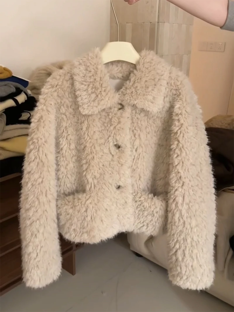 

Lamb Wool Jacket Woman Side Pockets Varsity Oversized Baseball Hip-Hop Culture Outside Urban Cargo Bomber Loose Teen Y2K Style