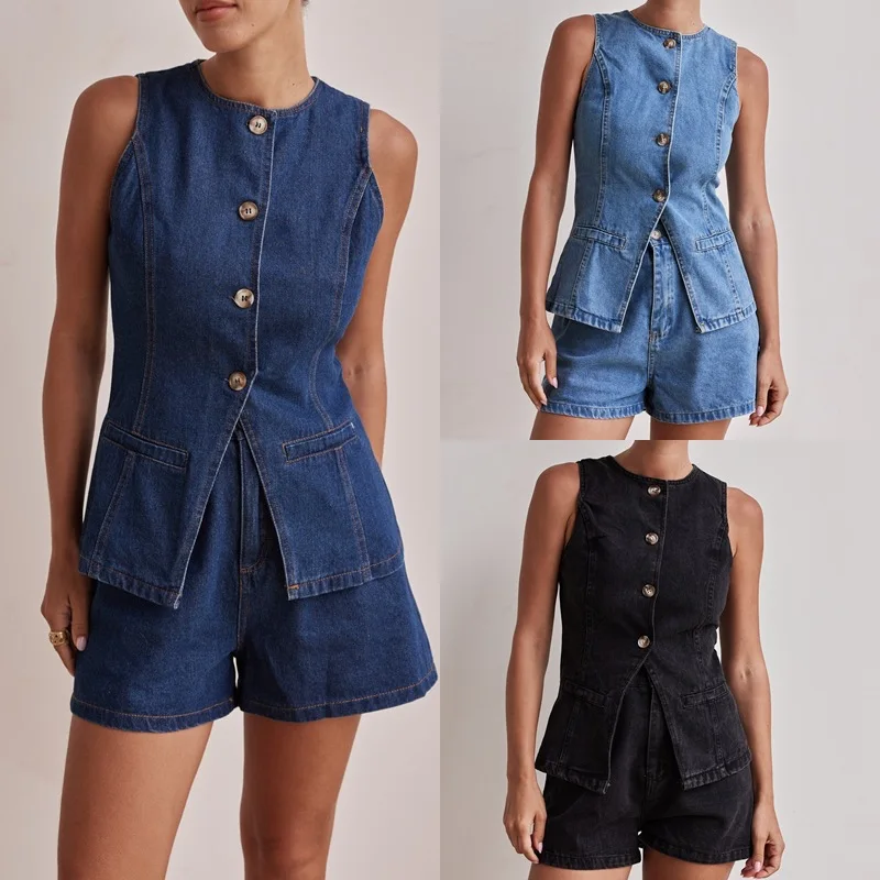 Denim Shorts 2 Piece Set Women Distressed Jeans Outfits Vest Sleeveless Single Breasted Short Pants Casual Waistcoat Ensemble