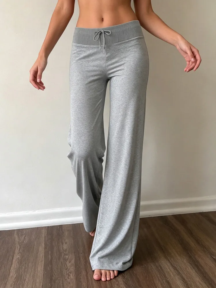 Absobe Fashion Solid Color Drawstring Flare Pants Mid Waist Loose Fit Women Casual Trousers Daily Street Outfit Simple Bottoms