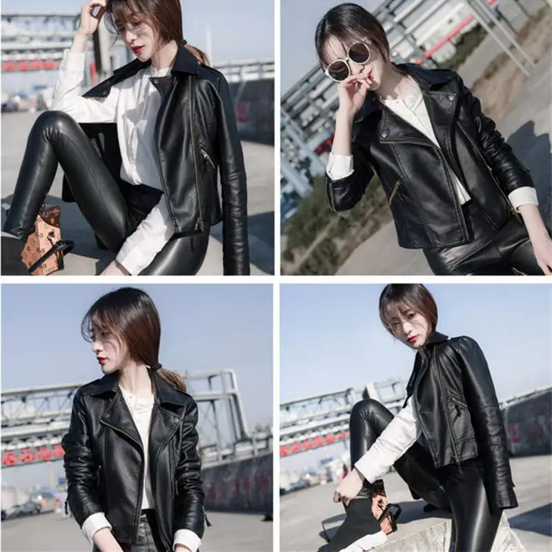 Women Spring Summer Faux Leather Jacket Black Slim Short Jackets Motorcycle PU Jackets Solid Colors Zippers Slim Short Jacket