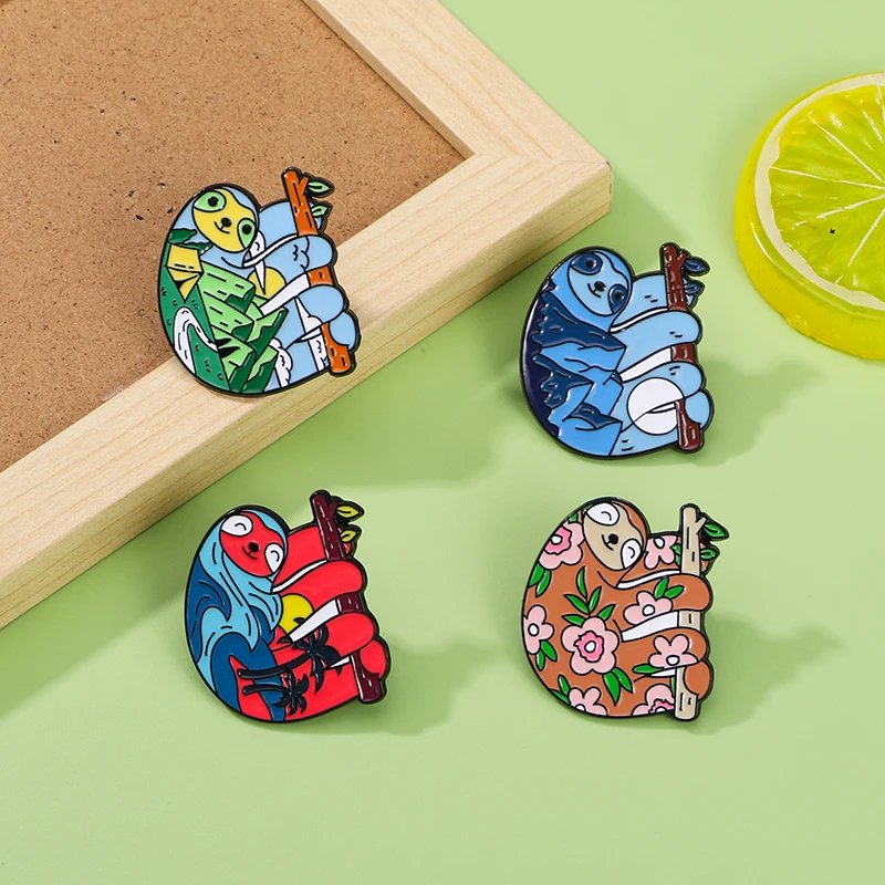 4Pcs Statement Natural Landscape Pattern Sloth Pins Set Colorful Spring Summer Autumn and Winter Bradypode Brooches