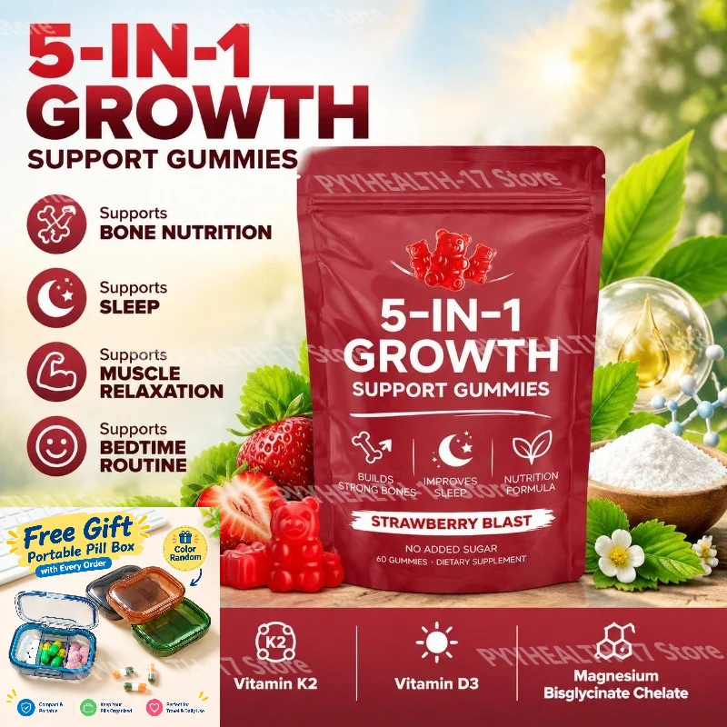 5-IN-1 Growth Support Gummies for Bone Nutrition Strawberry Blast with Calcium Citrate, Vitamin D3 and Vitamin K2 60 Gummies