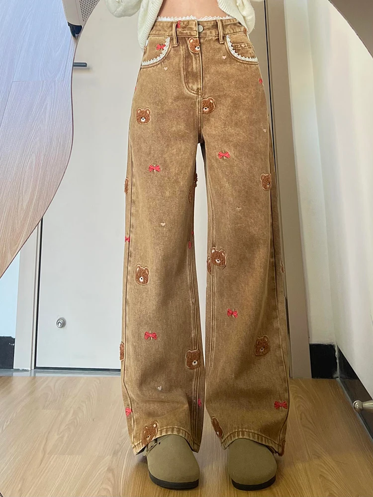

Джинсы с высокой талией и коричневым медведем, женские весенние дизайнерские свободные утягивающие широкие брюки длиной до пола, винтажные брюки в стиле ретро