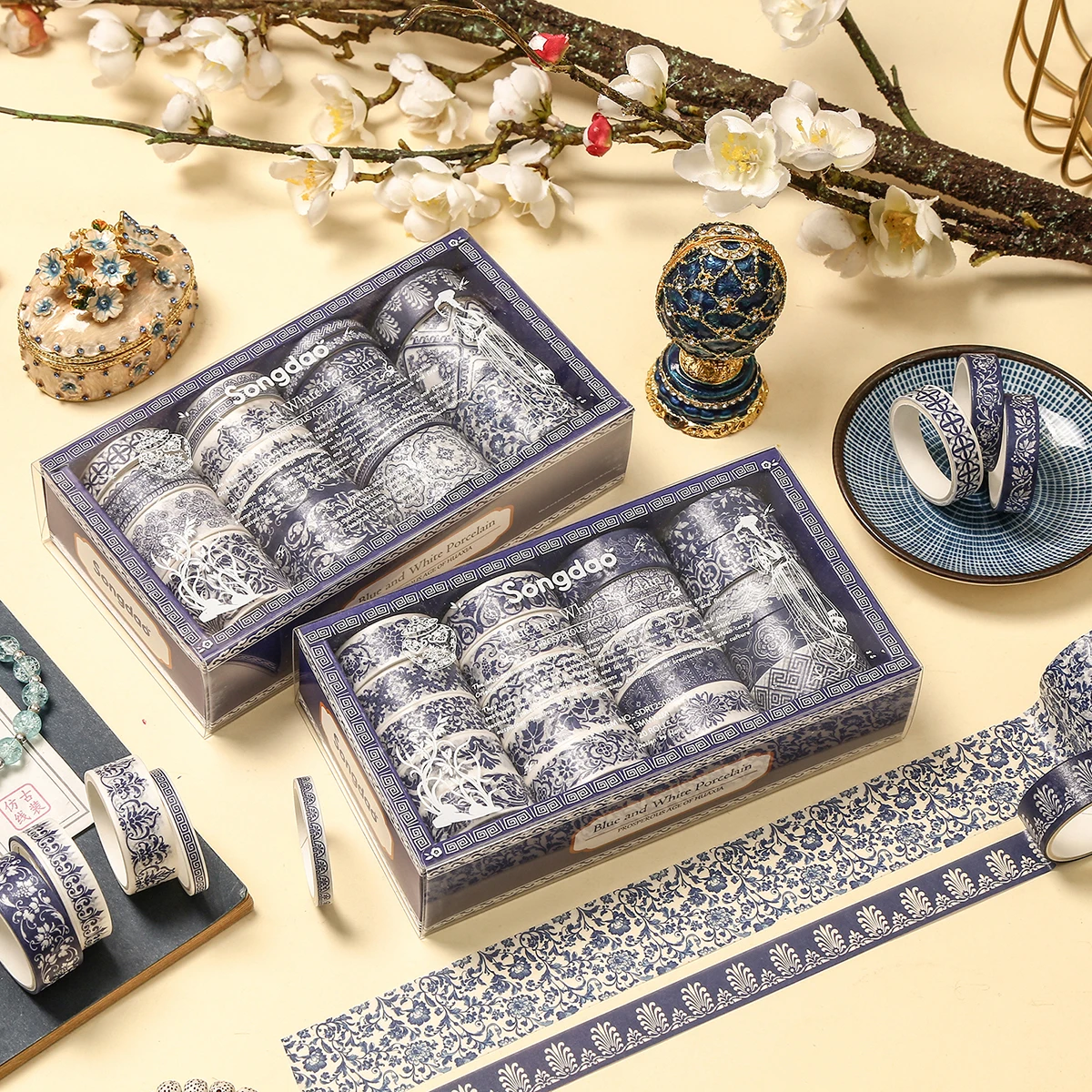 

1boxBlue White Theme Washi Tape Set, with various floral patterns, suitable for DIY journals and photo album decoration