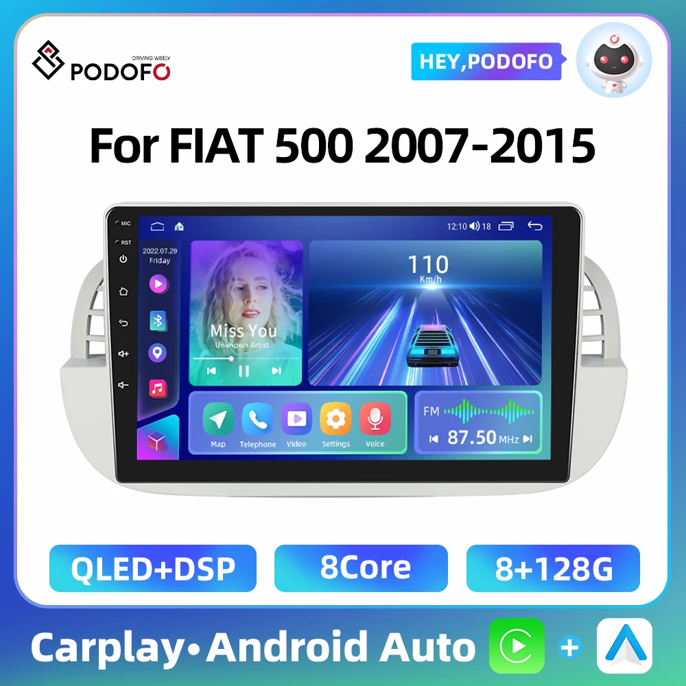 Podofo 9'' Android Car Radio For FIAT 500 2007-2015 Multimedia Player Carplay Android Auto GPS Navigation AI Voice Autoradio