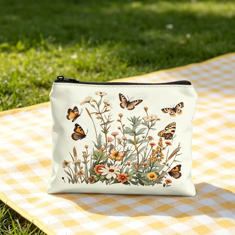 Floral Butterfly Print Handbag Cream Tote Bags And Makeup Bag Combination For Women Shopping And Daily Use Portable Pouch view 5