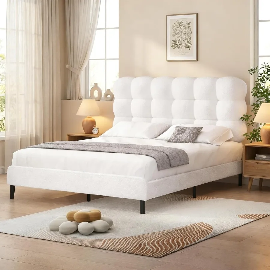 Queen Bed Frame, Soft Teddy Cloud Boucle Headboard