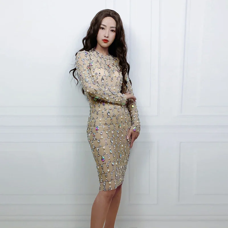 Kolorowa sukienka z dżetami i perłami, długa, z długim rękawem, na imprezę, sukienka wieczorowa damska, sukienka na scenę, sukienka na uroczystości, kostium festiwalowy XS6679