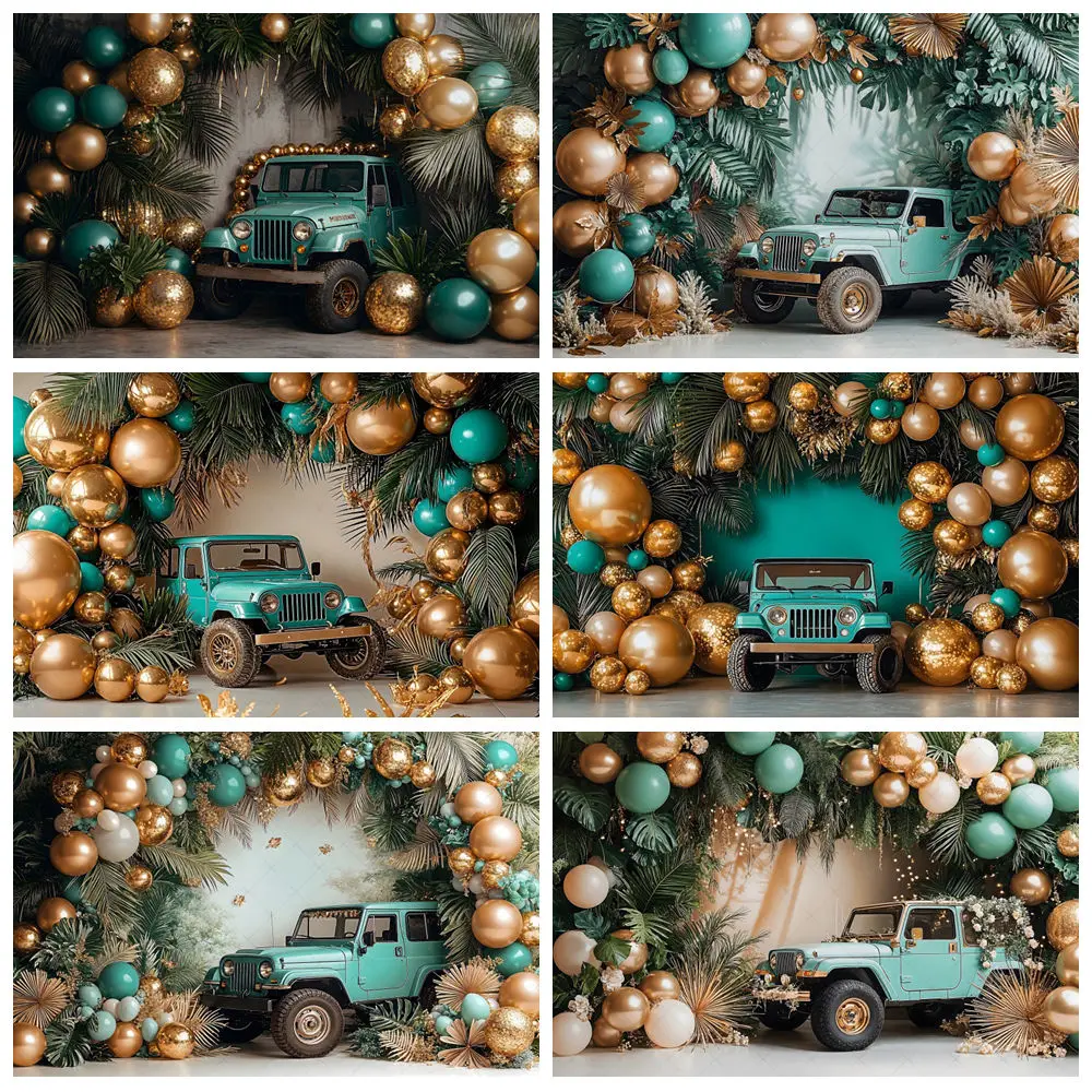 

Jeep Car Jungle Baby Birthday Backdrop Green Gold Balloon Forest Safari Wild One Kids Portrait Cake Smash Photography Background