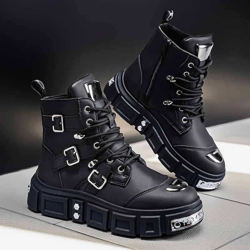 Men High-top Boots Fashion Motorcycle Boots High Quality Leather Casual Boots Lace Up Platform Boot Large Size39-47 Botas Hombre
