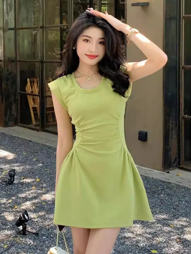 

French haute couture waist slimming green dress for women's summer new pure desire style temperament versatile A-line short N4A3