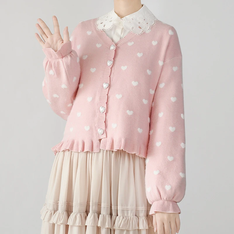 Kawaii Lolita Style Knitted Cardigan Women Sweet V-Neck Shape Button Long Sleeve Ruffle Sweater Coat Girl Outerwear Cute Clothes