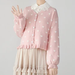 Kawaii styl Lolita sweter dziergany kobiety słodki dekolt w kształcie litery v przycisk z długim rękawem wzburzyć sweter płaszcz dziewczyna odzież wierzchnia słodkie ubrania