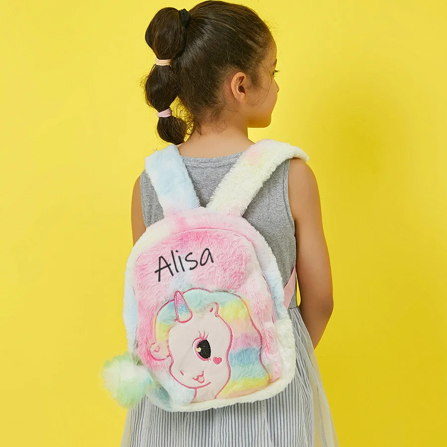 Mochila de unicornio bordada personalizada para niñas, Mini mochilas de felpa con nombre personalizado, mochilas escolares para guardería