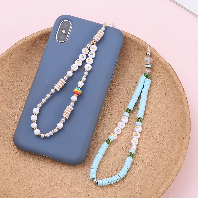 Chaîne de téléphone Anti-perte en argile douce, en acrylique, lettre d'amour, pour téléphone portable, bijoux pour femmes, cordon de suspension de téléphone portable pour filles