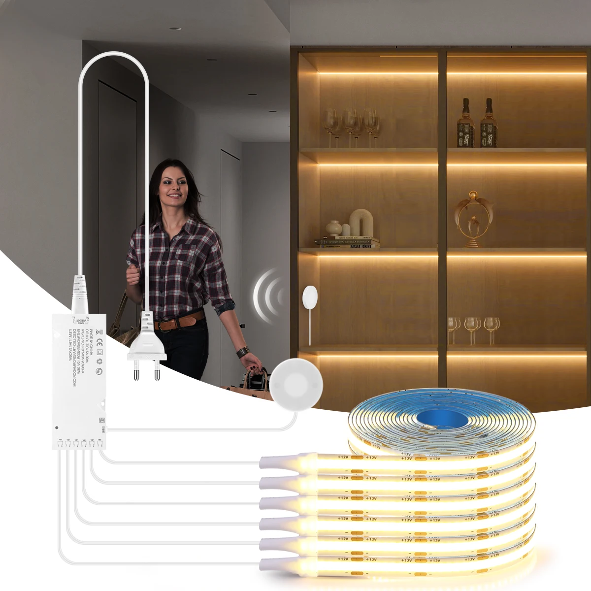 

Human Motion Wireless Switch COB LED Strip Sensor Lights Under Cabinet Lamp for Showcase,Shelf Grille Wood Board Wall Lighting