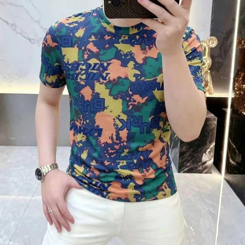 Trendy Printed Short Sleeved T-shirt for Men Summer Round Neck Casual Social T-shirts Ice Silk Breathable Streetwear Tee Top