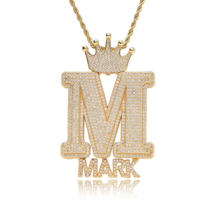 Iced Out Crown Double Layer Custom Letter Name Pendant Full Paved CZ Personalized Hip Hop Rapper Custom Name Necklace Charm