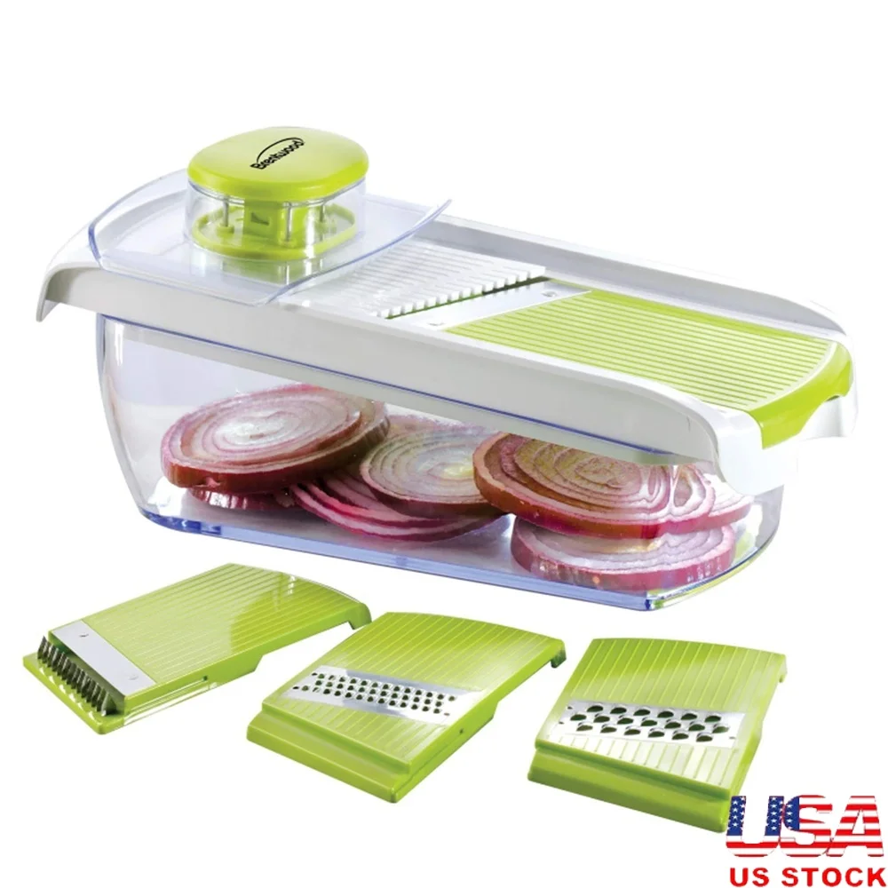 Krajalnica do mandoliny z pojemnikiem na 5 filiżanek i 4 ostrzami ze stali nierdzewnej do krojenia, szatkowania i tarki, łatwe czyszczenie, narzędzie kuchenne.