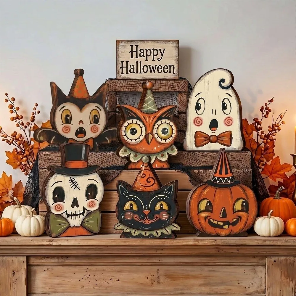 Cartoon Halloween Wooden Tabletop Sign Double Sided Pattern Hand Painted Ghost Pumpkin Owl Ornaments Farmhouse Style Integrated