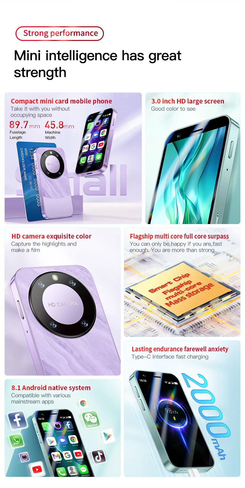 F8 Pro Max SOYES 3G Mini Smartphone 3.0inch IPS MTK 1GB RAM 16GB ROM Dual SIM Bluetooth WIFI Type-C WCDMA Android Mobile Phone