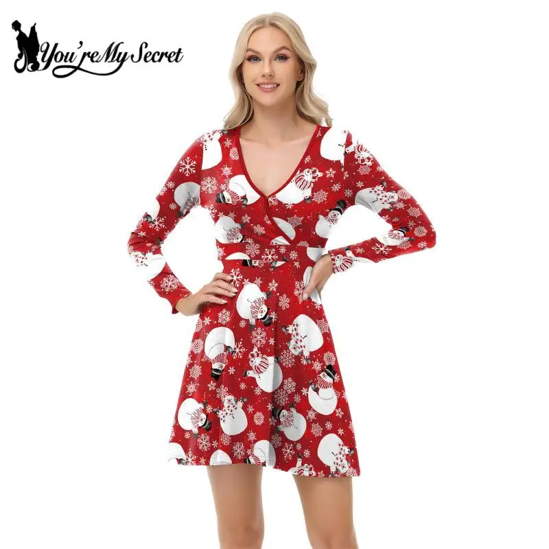 [You're My Secret] Dress for Women Christmas Snowman Print V-Neck Dresses Elegant Ladies Cosplay Christmas Party Dress Xmas Gift