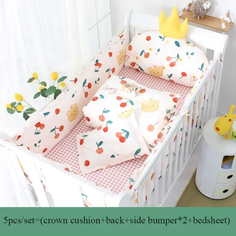 5pcs Baby Crib Bumper Bed Linen Kit Cotton Baby Bedding Set Include Crown Cushion+3pcs Cot Protect bumpers+Bed Sheet ZT116