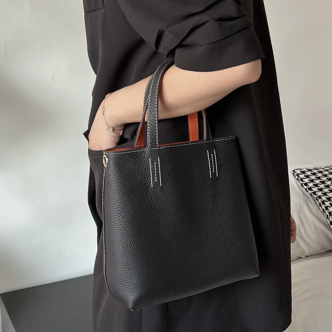 Double Sided Leather Tote Bag Small Shopping Bag Single Shoulder Crossbody Bag Handbag Women's Soft Top Layer Cowhide