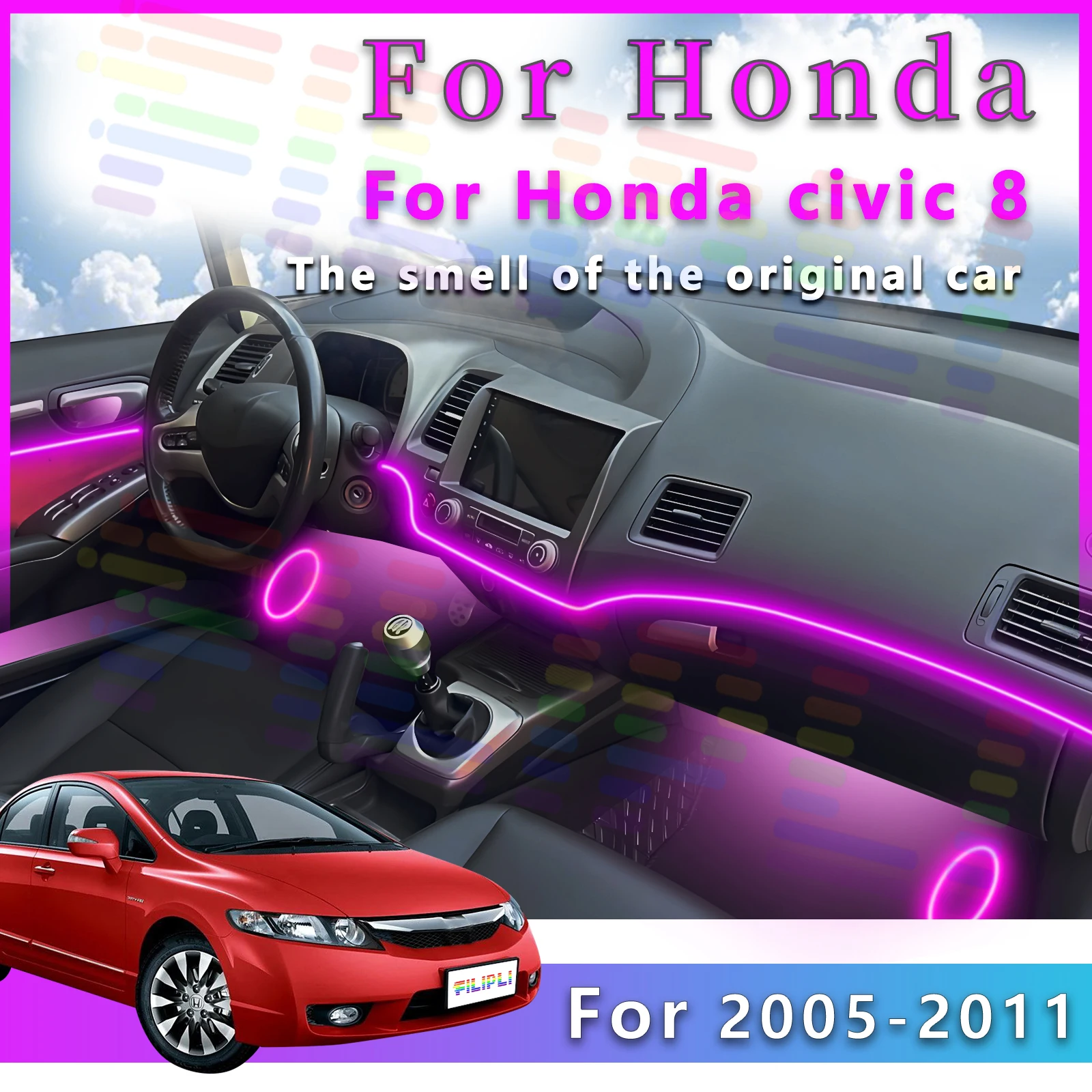 

Для Honda Civic 8-го поколения, высокопроизводительная светодиодная внутренняя декоративная атмосферная лампа, 64 цвета, RGB акриловая лента, управление через приложение с M