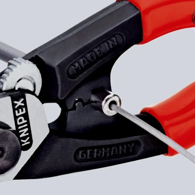 Genuine KNIPEX Tools Wire Rope Cutter 7.5-inch Forged High Leverage Cutting Pliers with  Two Crimping Dies for End Caps 9562190