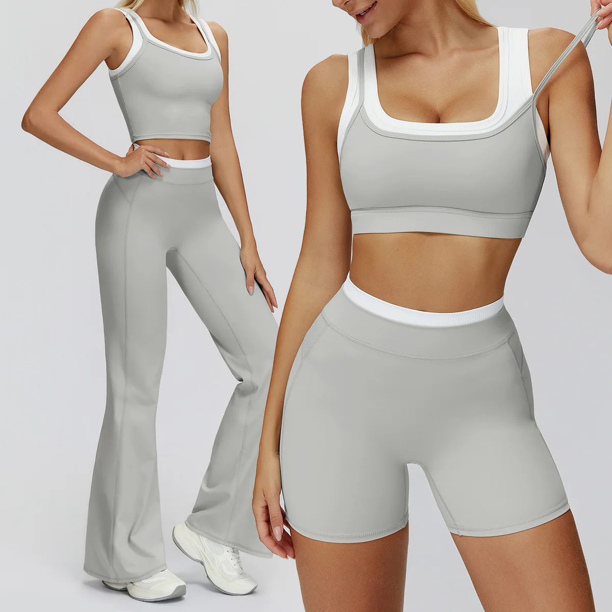 Women Yoga Set 2 Pcs Workout Tracksuit Sportswear Gym Clothing Bell-bottoms Tank skirt suit Vest Fitness Bra Shorts Sports Suit