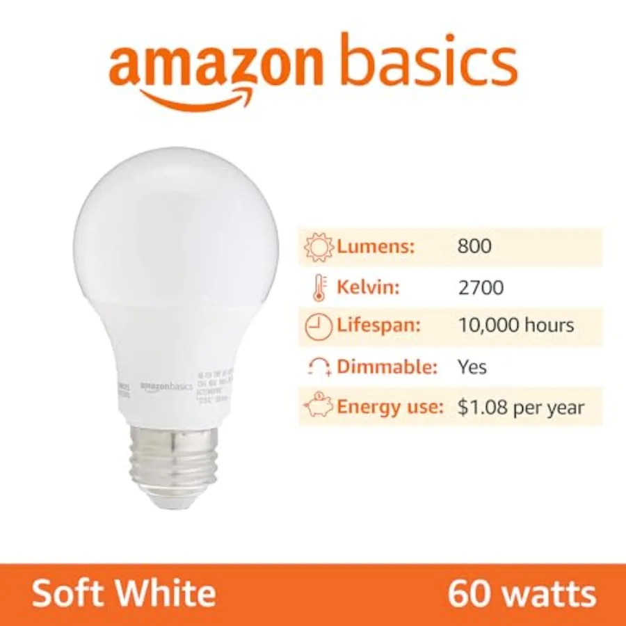 A19 LED Light Bulbs, Equivalent, Energy Efficient 9W, E26 Standard Base, 2700K, Dimmable, 10, 000 Hour Lifetime, 6-Pack