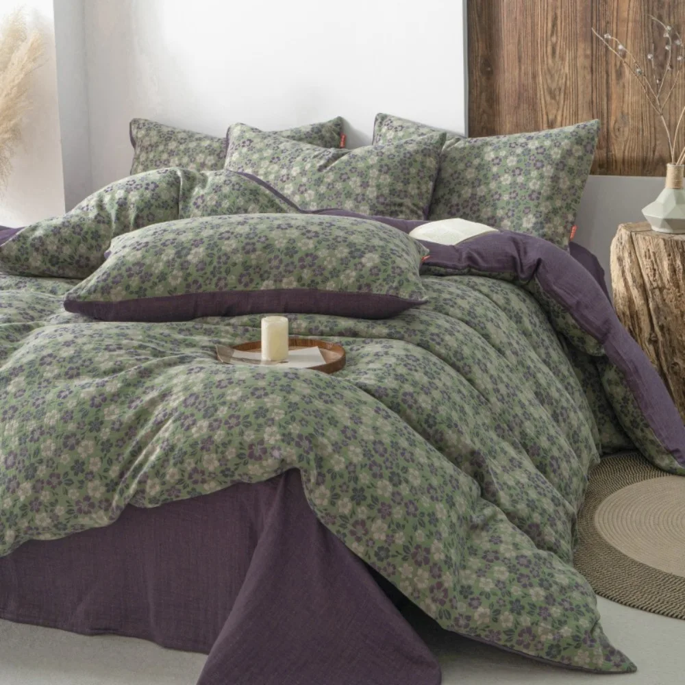 Ultra-soft Cotton Double-layer Yarn Four-piece Set Student Dormitory Floral Quilt Cover Flat/Fitted Sheet Pillowcase Bedding Set