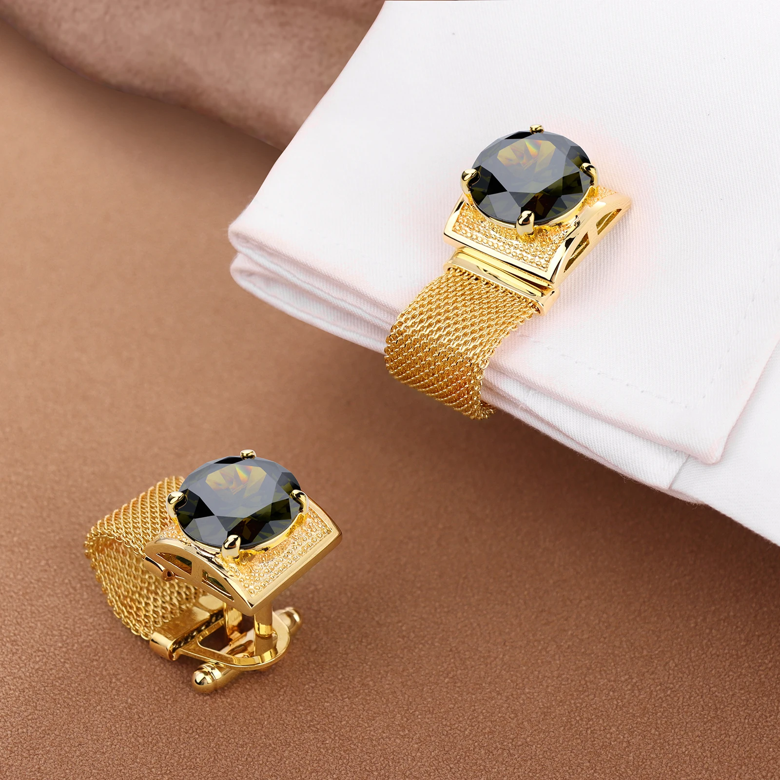 Men Birthstone Cufflinks Gold Mesh Chain Oval Crystal Zircon Cuff Links for French Shirt Birthday Gift for Men HAWSON