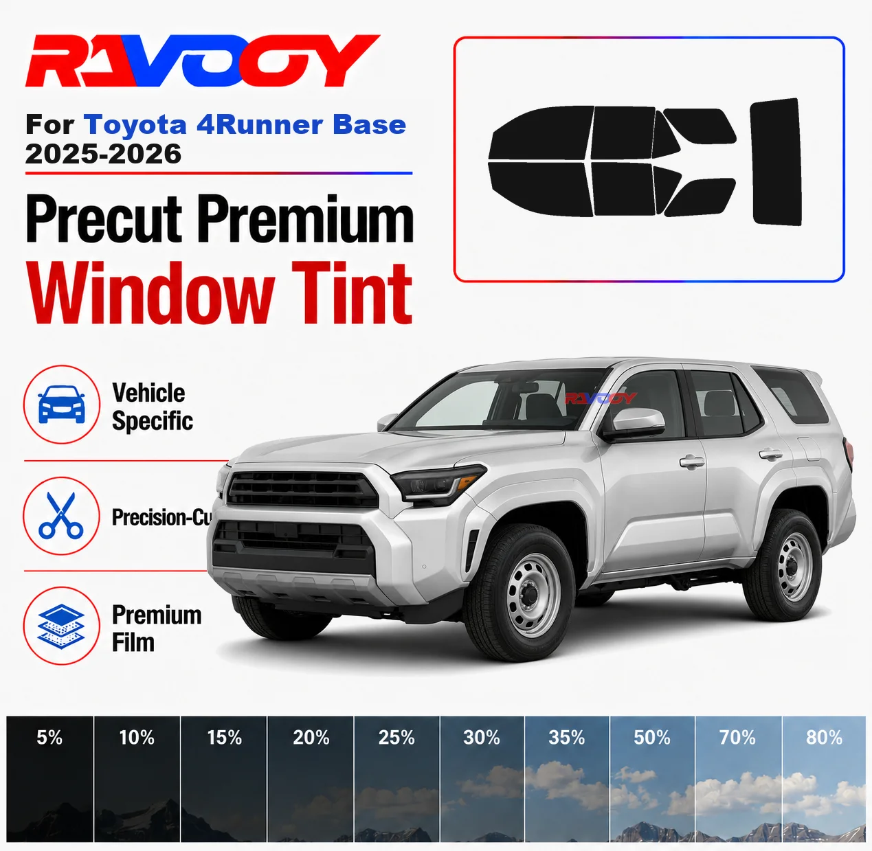 Premium Precut Window Tint Kit Front Rear Windows Rear Windshield For Toyota 4Runner Base 2025-2026 Car Solar Nano Ceramic Film