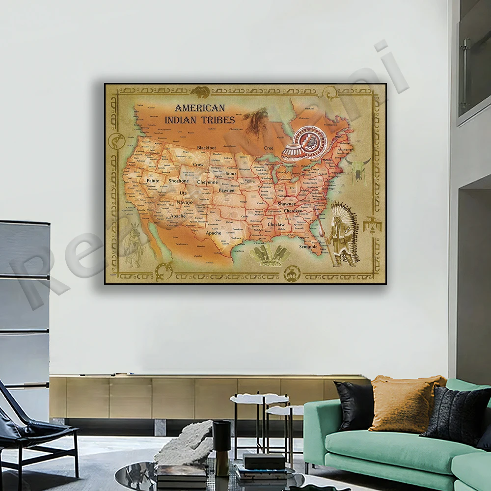 American Indian Tribes Map Poster, Native American Wall Art, Vintage Map Decoration, Historical Map Art Print, American History