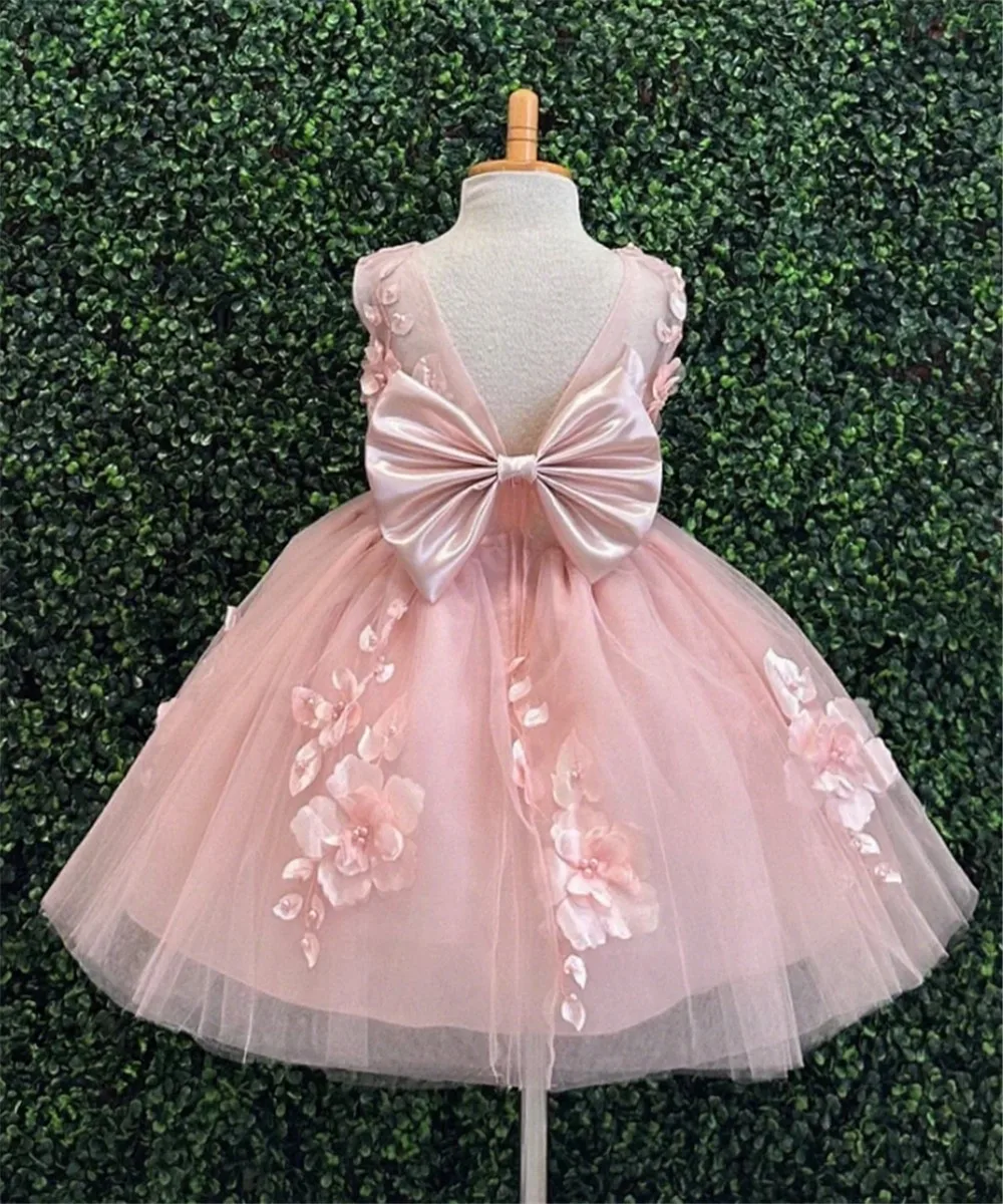 

Lovely Flower Girl Wedding Dress Appliques Flowers Sleeveless Backless with Bow Puffy Kids Birthday Party First Communion Gown