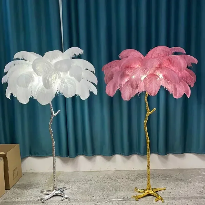 

Silver Gold Net Celebrity Nordic Resin Feather Floor Lamp Light Luxury Living Room Home Decor Bedside Sofa Vertical Light E27